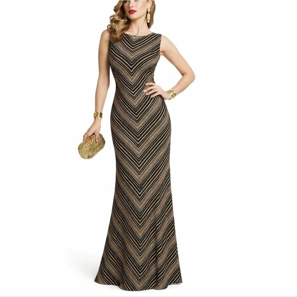 Studio I Dresses & Skirts - VINTAGE Chic Chevron Striped Maxi Dress Sleevless Gothic Glam Black Tan Size 12